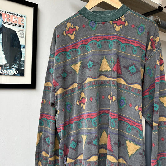 VINTAGE 90s | Tribal Aztec All Over Print Crew Sweater sz L