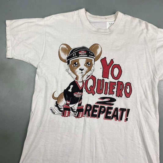 VINTAGE 90s Joe Hockey Yo Quiero 2 Repeat White T-Shirt sz Medium Adult