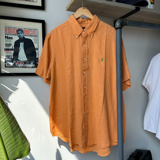 VINTAGE | Ralph Lauren Orange Linen Short Sleeve Button Down Shirt sz XL