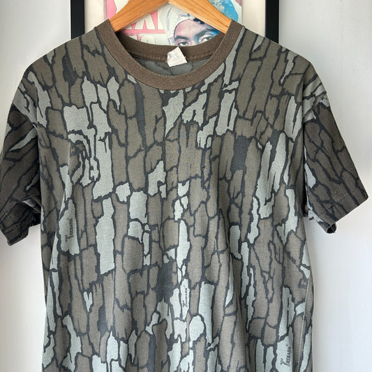 VINTAGE 80s 90s | Tree Bark Camouflage Contrast Ringer T-shirt sz S/M