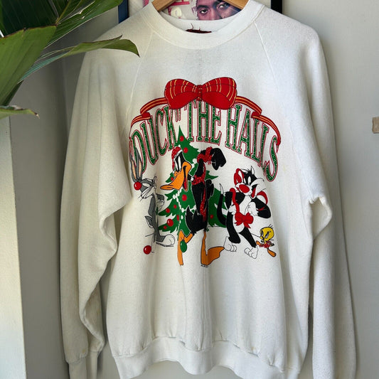 VINTAGE 90s | Duck The Halls Warner Bros Cartoon Crew Sweater sz L Adult