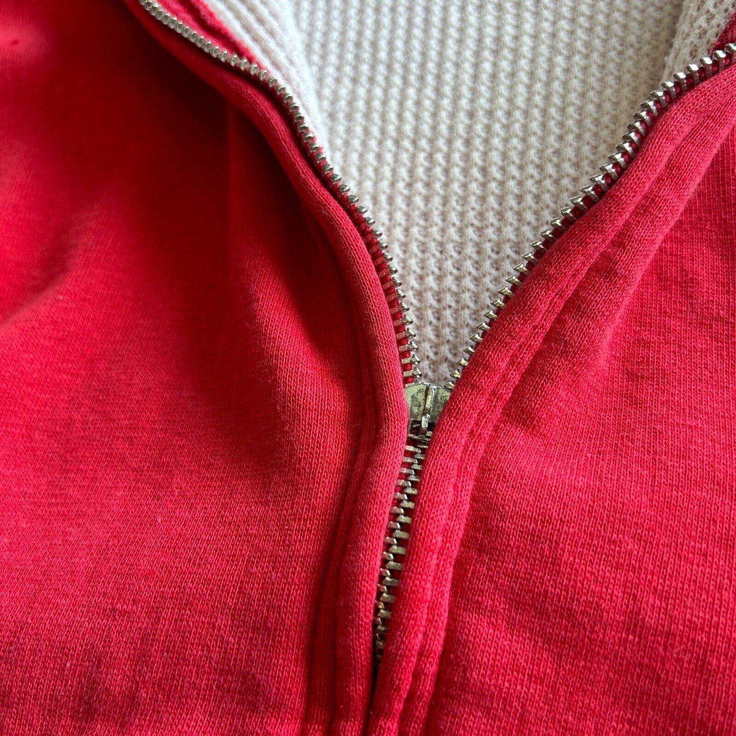VINTAGE 60s 70s | Blank Red Thermal Lined Zip Up Hoodie Sweater sz S Adult