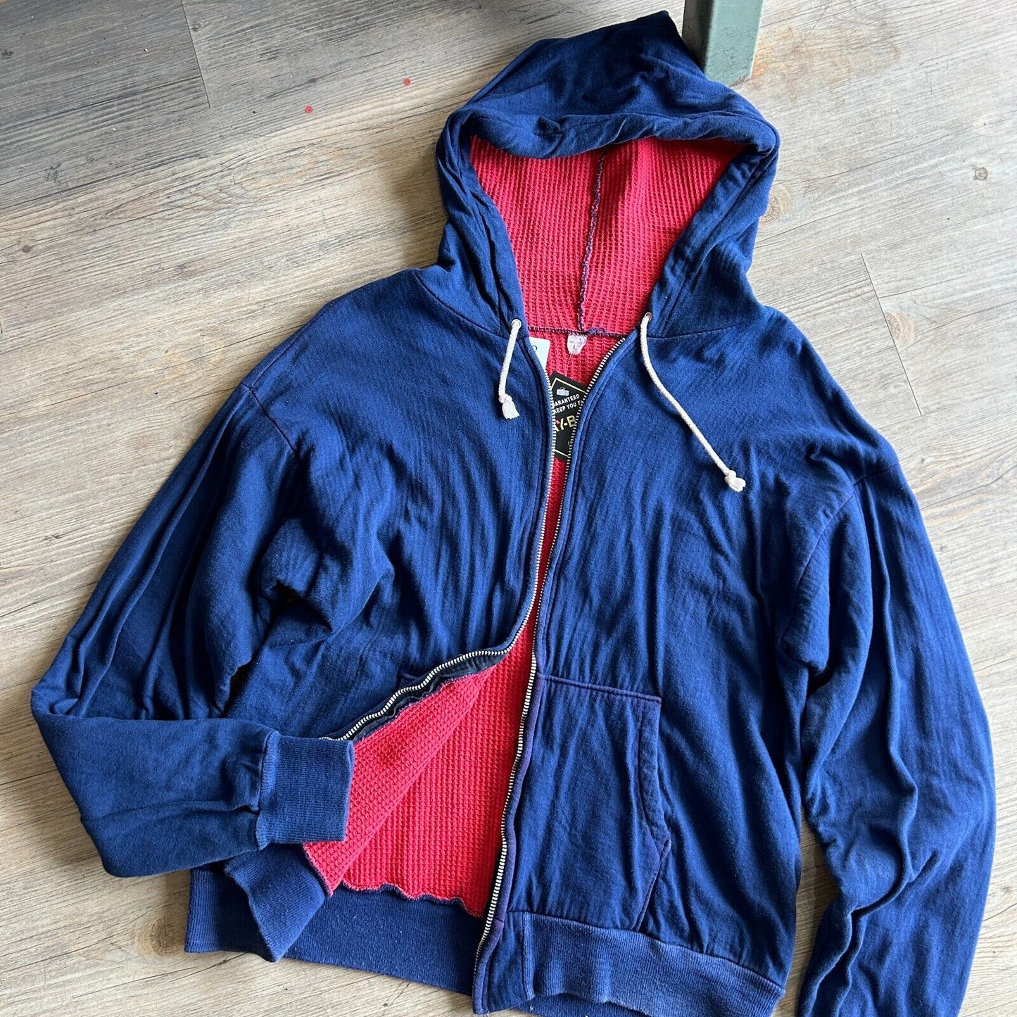 VINTAGE 60s 70s | Blank Red Thermal Lined Navy Zip Up Hoodie Sweater sz S Adult