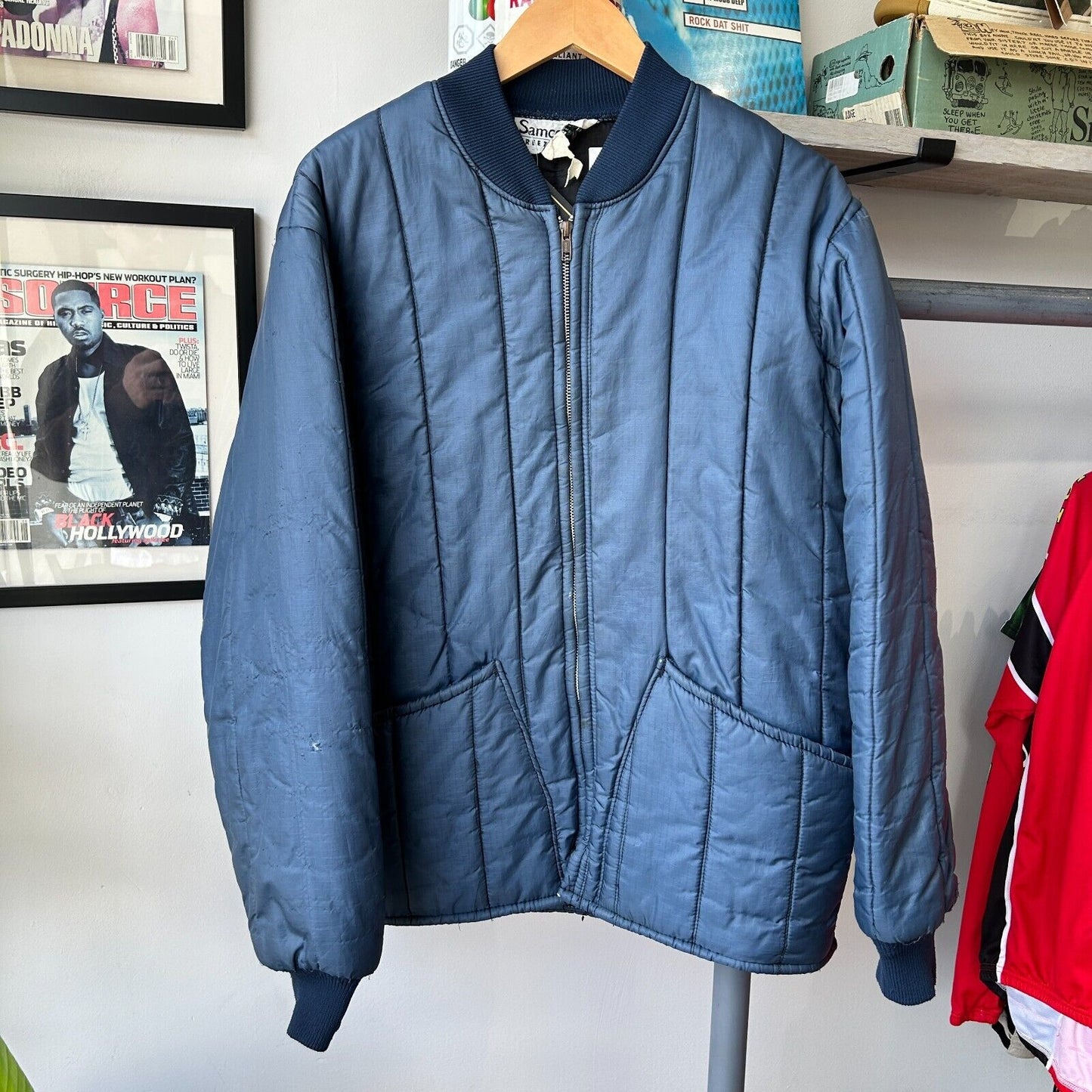 VINTAGE 70s 80s | Blank Navy Nylon Liner Bomber Jacket sz L Adult