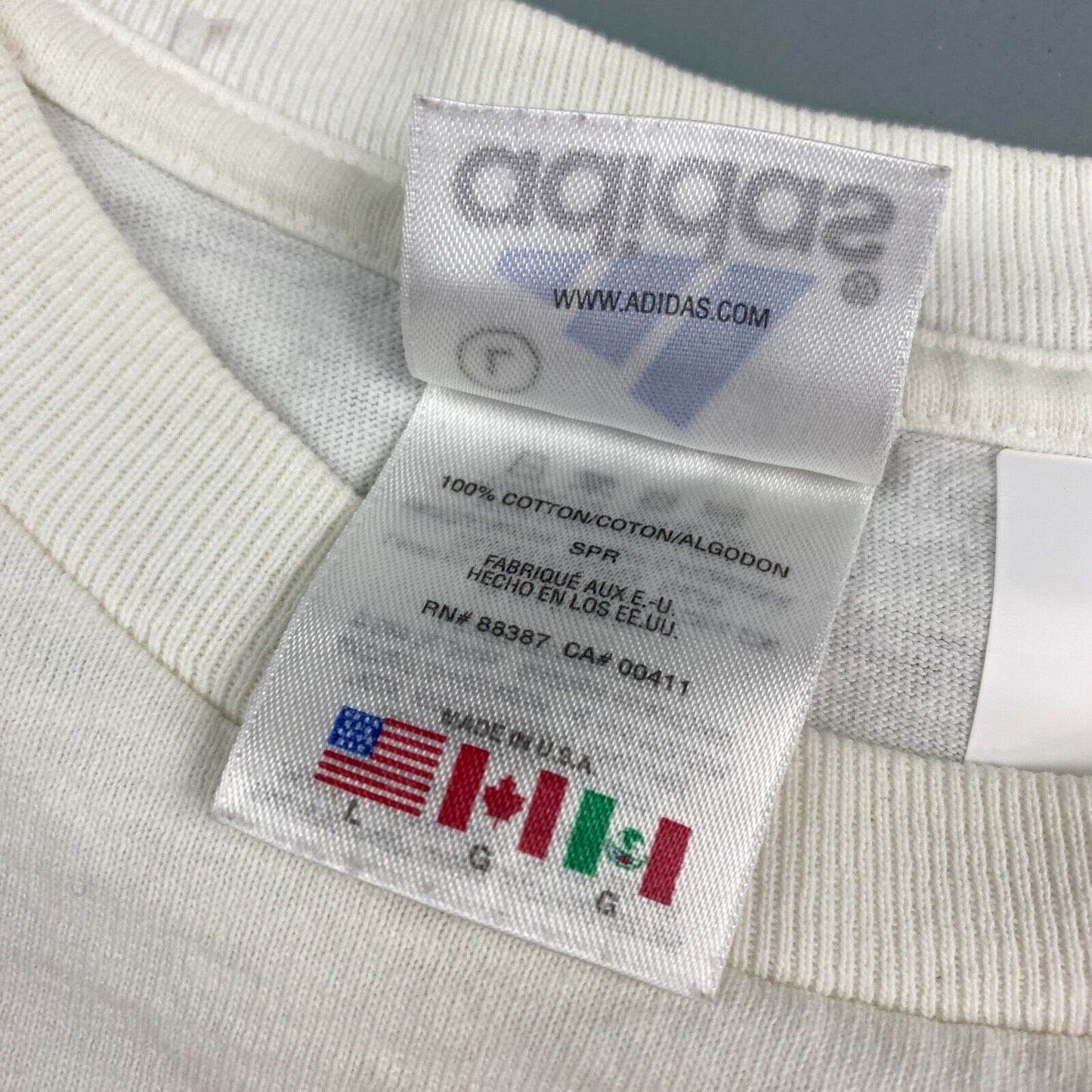 VINTAGE 90s Adidas Big Logo White T-Shirt sz Large Men MadeinUSA