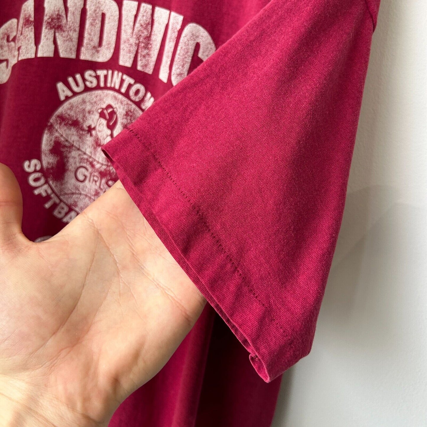VINTAGE 90s | Sandwich Factory Faded Dark Red Baseball T-Shirt sz XL Adult
