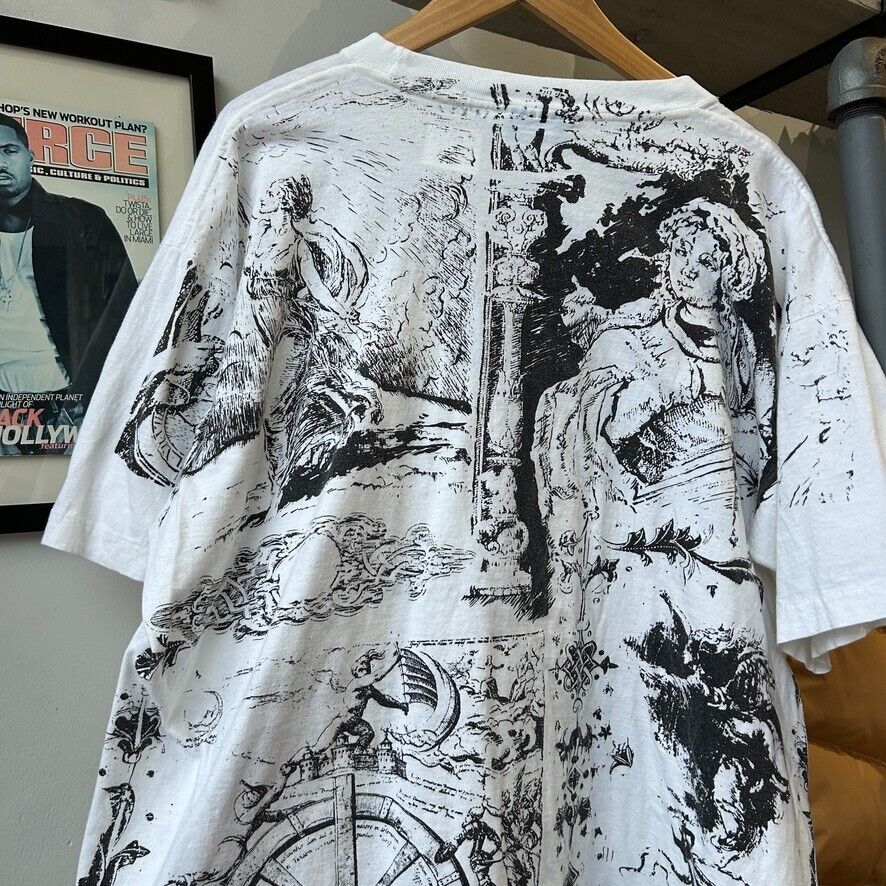 VINTAGE | Renaissance Drawing All Over Art Print T-Shirt sz XL