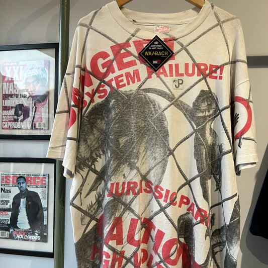 VINTAGE 90s | JURASSIC PARK Danger All Over Print Movie T-Shirt sz XL Adult