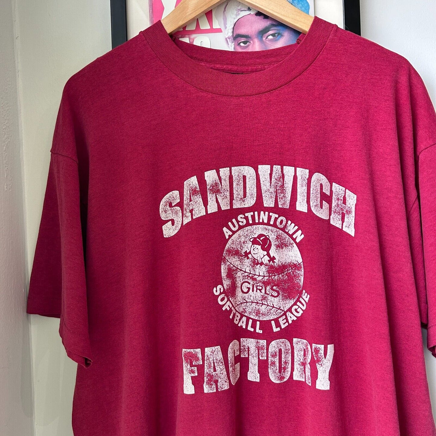 VINTAGE 90s | Sandwich Factory Faded Dark Red Baseball T-Shirt sz XL Adult
