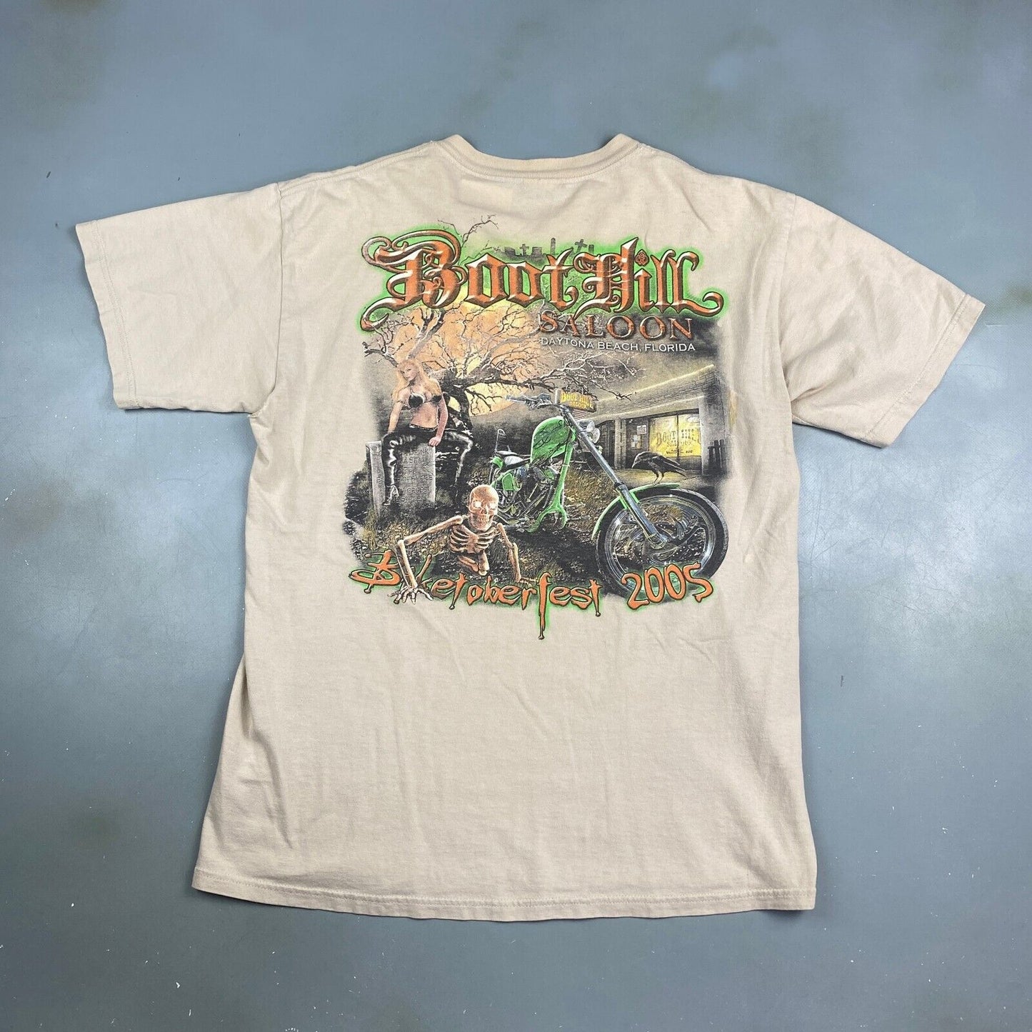 VINTAGE Boot Hill Saloon Biketoberfest Faded Tan Biker T-Shirt sz M-L Adult
