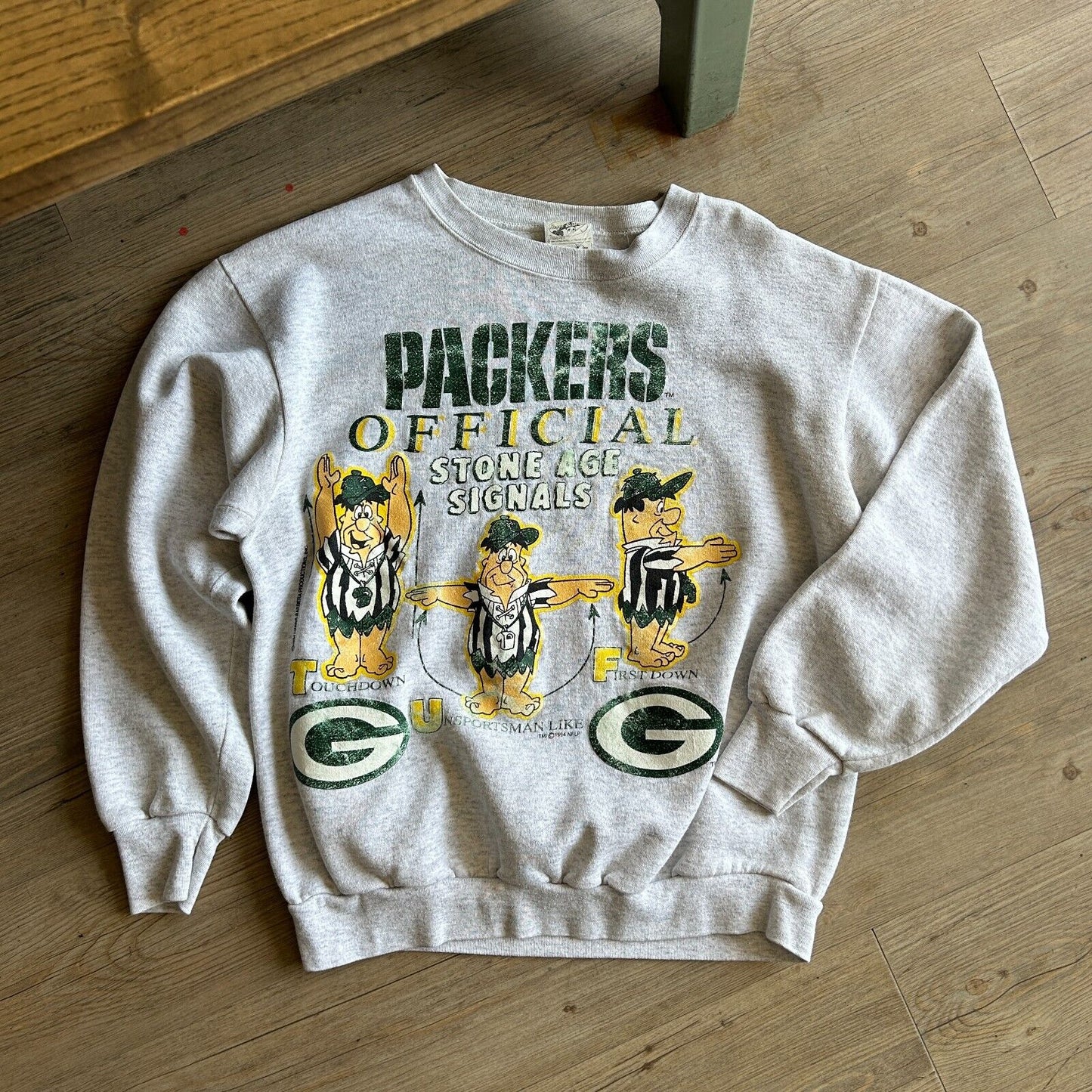 VINTAGE 90s | Green Bay Packers Stone Age Signals Sweater sz M Adult