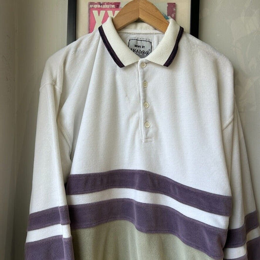 VINTAGE 90s | Velour Striped Collared Polo Crew Sweater sz M