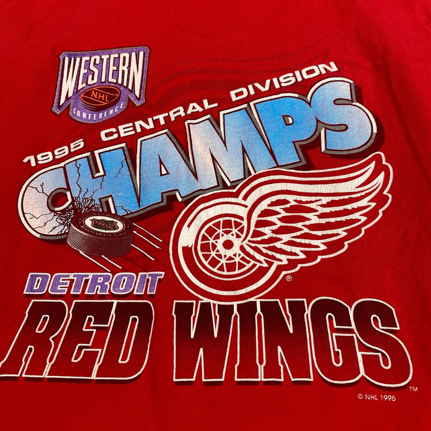 VINTAGE 1995 NHL Detroit Red Wings Divison Champs Red T-Shirt sz Medium Adult
