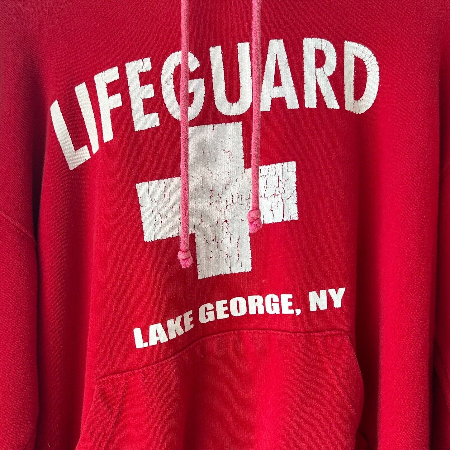 VINTAGE 90s Lake George New York Life Guard Red Hoodie Sweater sz M Mens