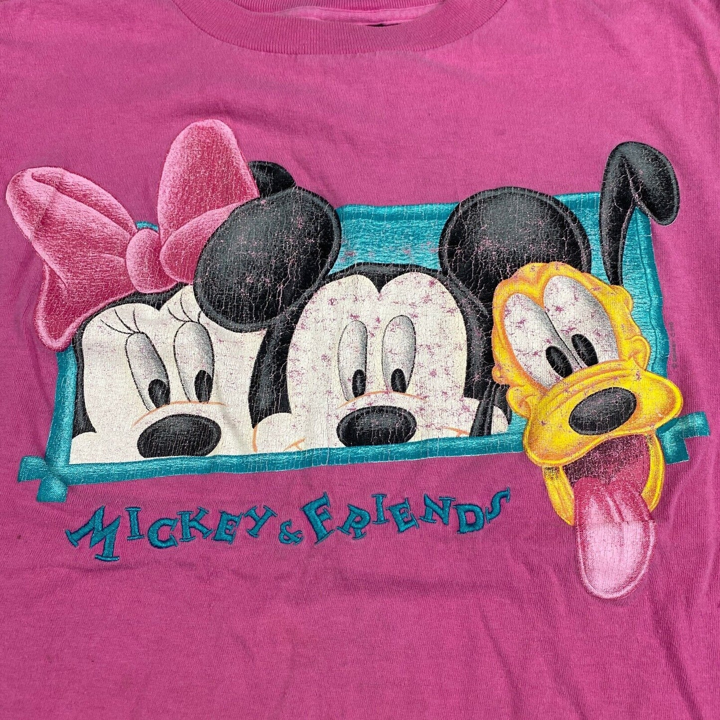 VINTAGE 90s Mickey & Friends Cartoon Embroidered Pink T-Shirt sz Medium Adult