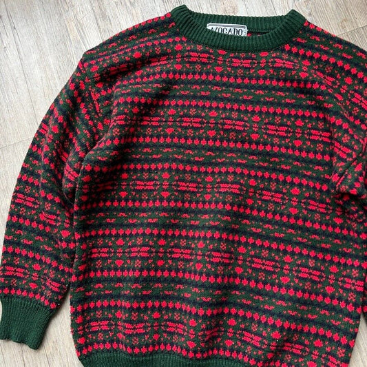 VINTAGE 80s 90s | Avocado All Over Pattern Knit Sweater sz S-M