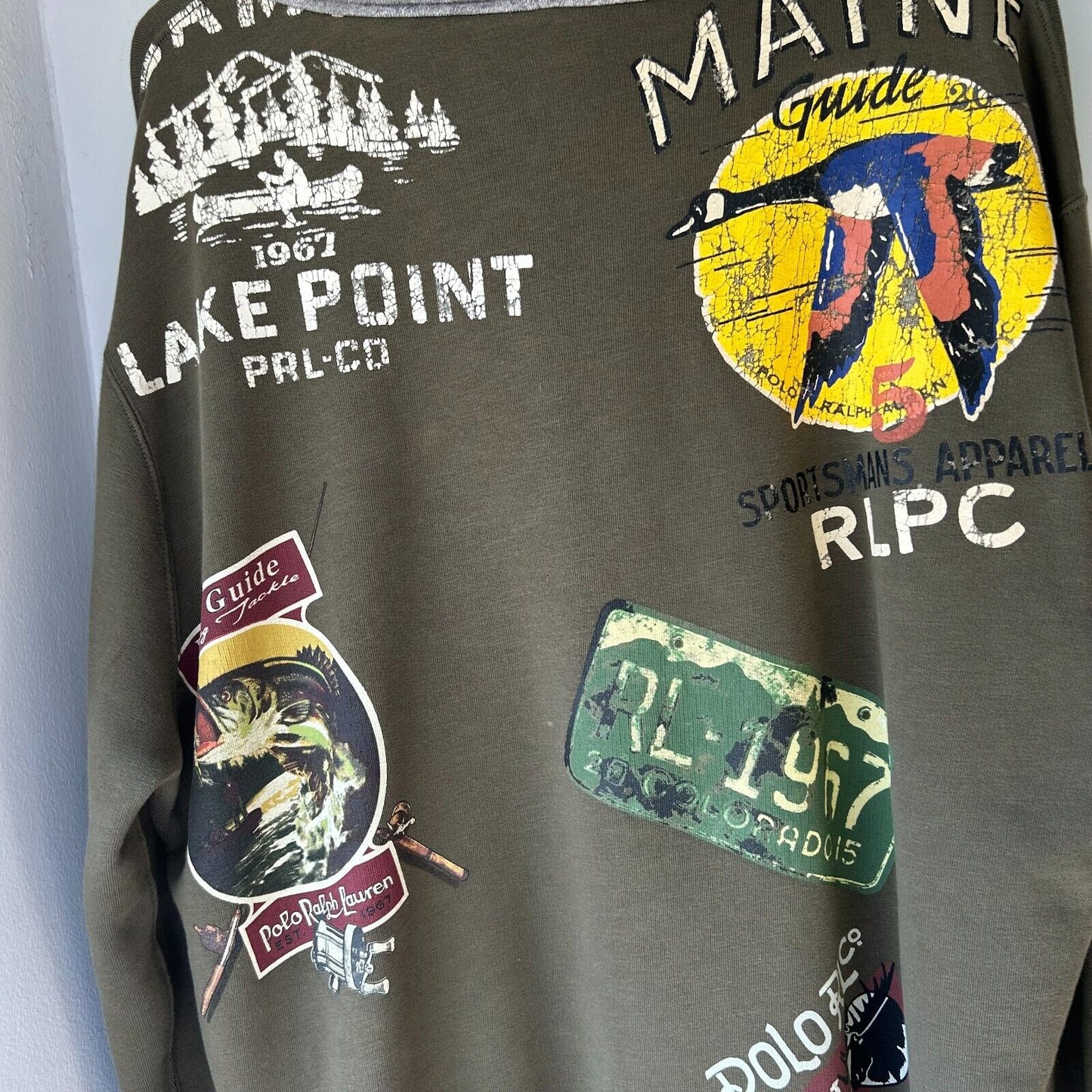 Polo Ralph Lauren All Over Print Sportsman Patchwork Hoodie sz XL Olive Green