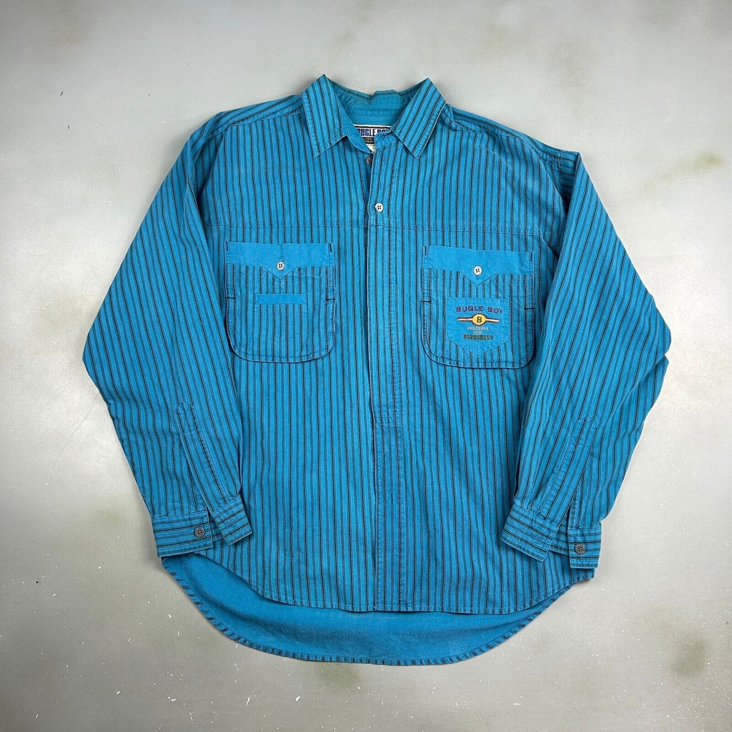 VINTAGE 90s Bugle Boy Preserve Our Resources Striped Button Up Shirt sz M Adult