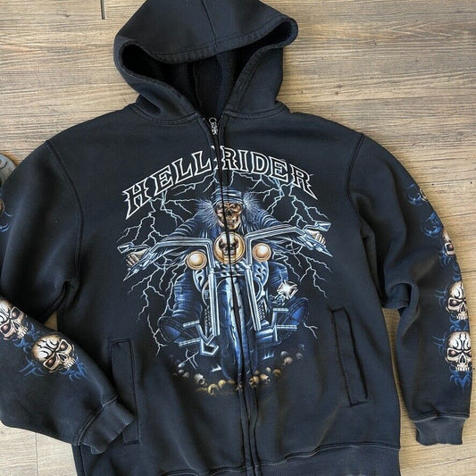 VINTAGE | Hell Rider Zip Up Biker Hoodie Sweater sz M