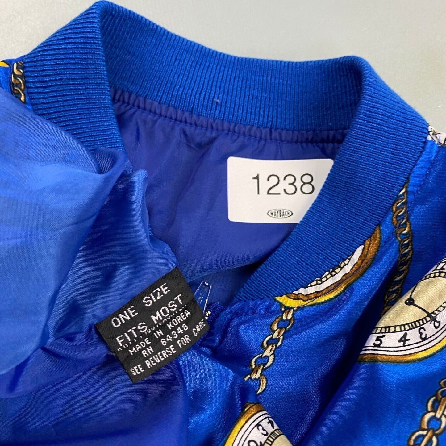 VINTAGE 80s Designer Pocket Watch All Over Print Satin Jacket sz Large Adult