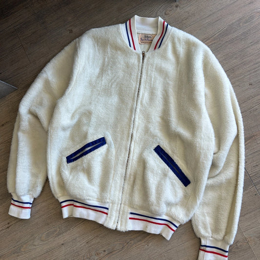 VINTAGE 1960s | Wilson Sports Apparel Cream Fleece Varsity Bomber Jacket sz 40 L