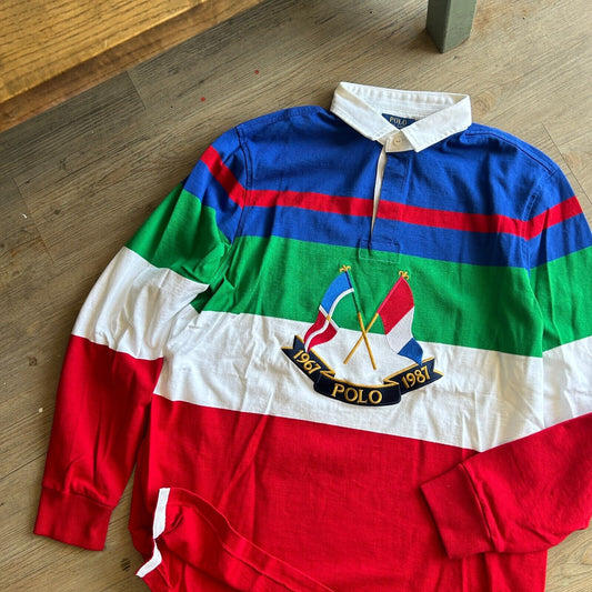 Ralph Lauren Polo Cross Flags Striped Rugby Shirt sz L