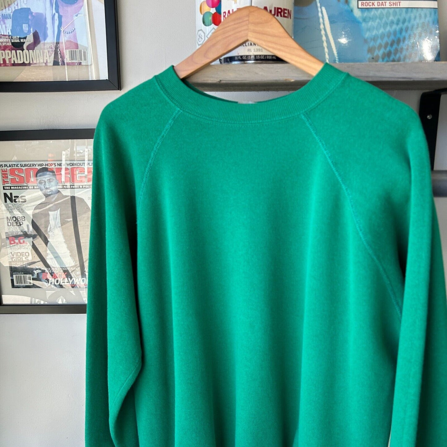 VINTAGE 80s | BLANK Green Raglan Cut Crewneck Sweater sz L Adult