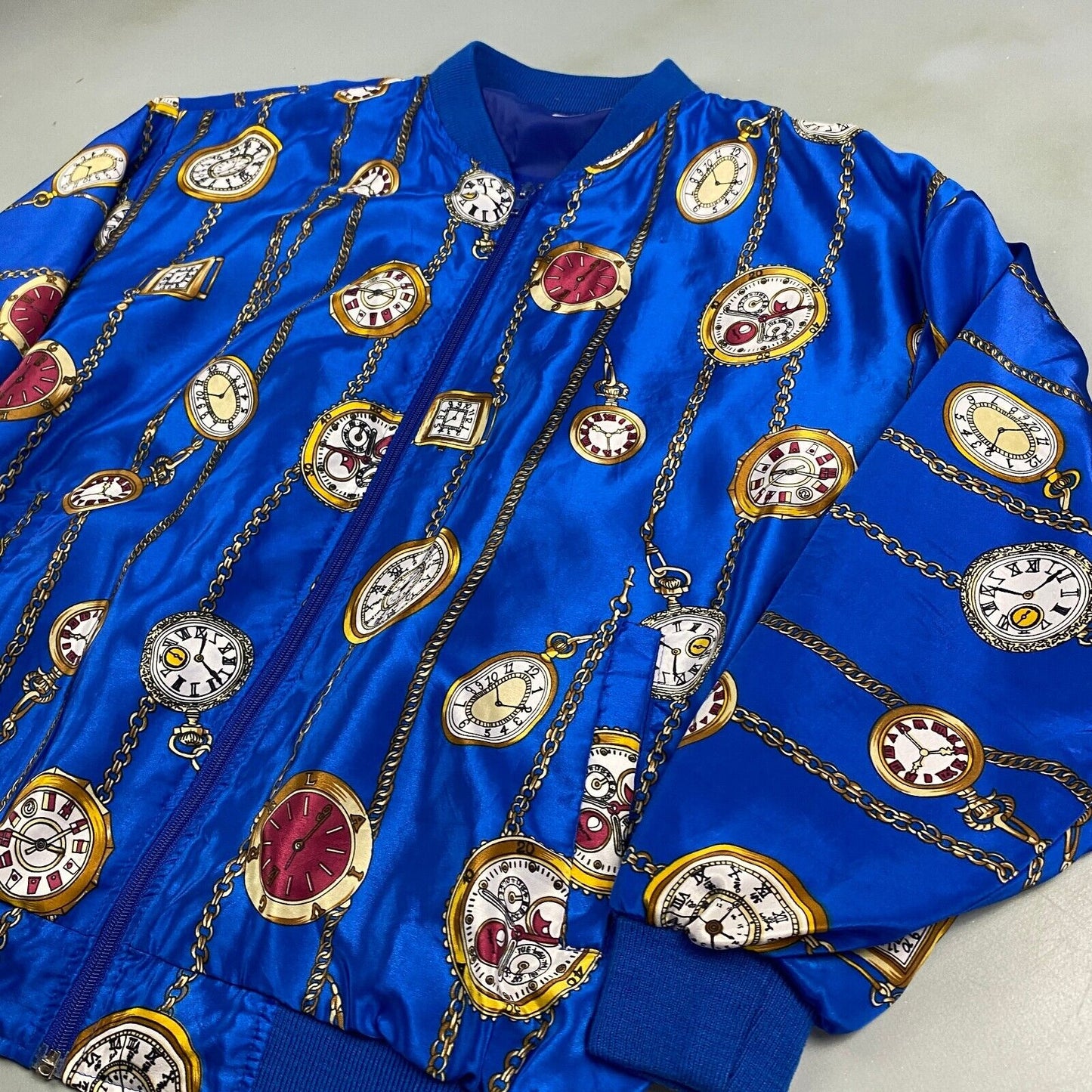 VINTAGE 80s Designer Pocket Watch All Over Print Satin Jacket sz Large Adult