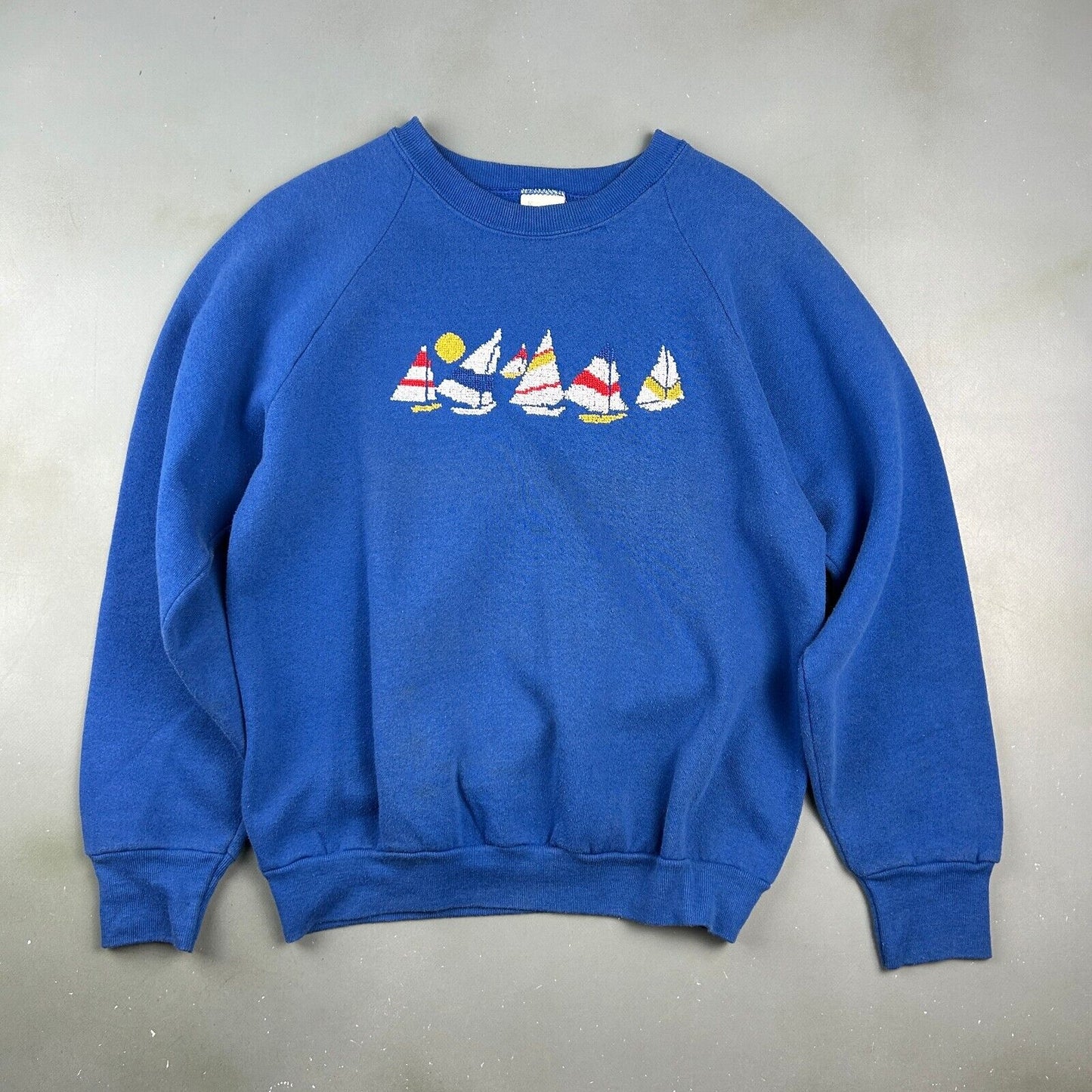 VINTAGE 90s | Hand Knit Sail Boat Print Crewneck Sweater sz S-M Adult