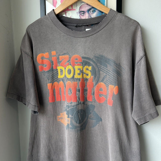 VINTAGE 90s | Harley Davidson Size Does Matter Sun Faded Thrashed T-Shirt sz L