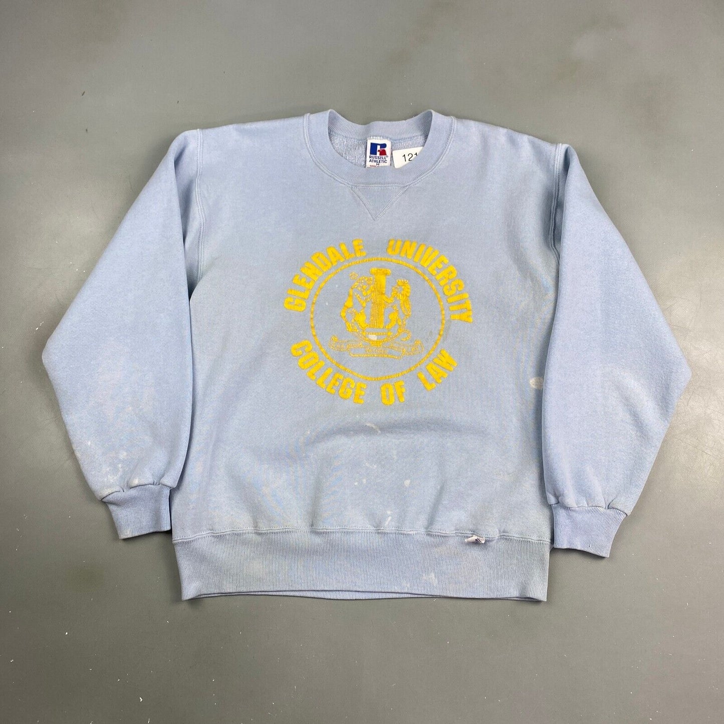 VINTAGE 90s Glendale Uni College Of Law Faded Russell Sweater sz Medium Adult