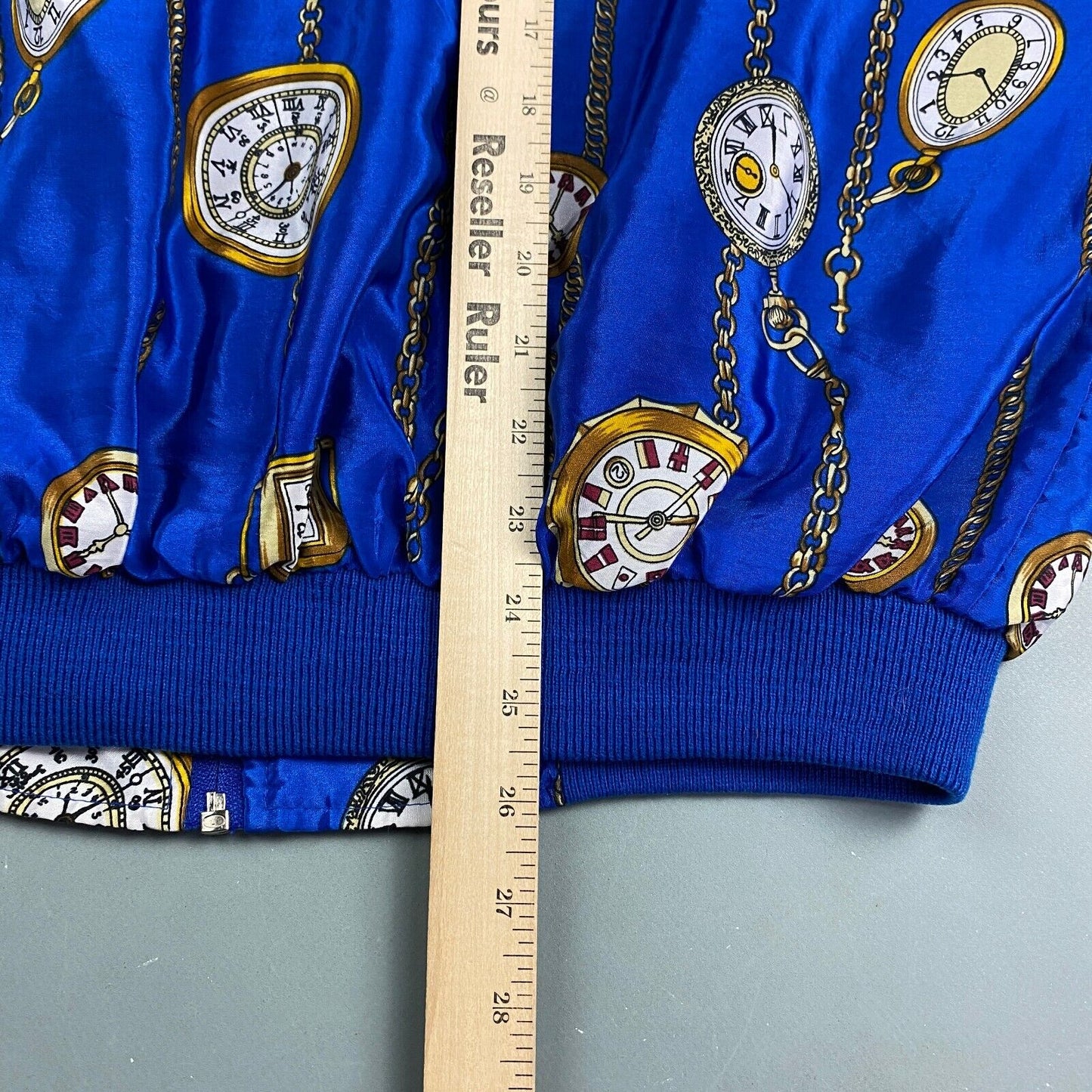 VINTAGE 80s Designer Pocket Watch All Over Print Satin Jacket sz Large Adult