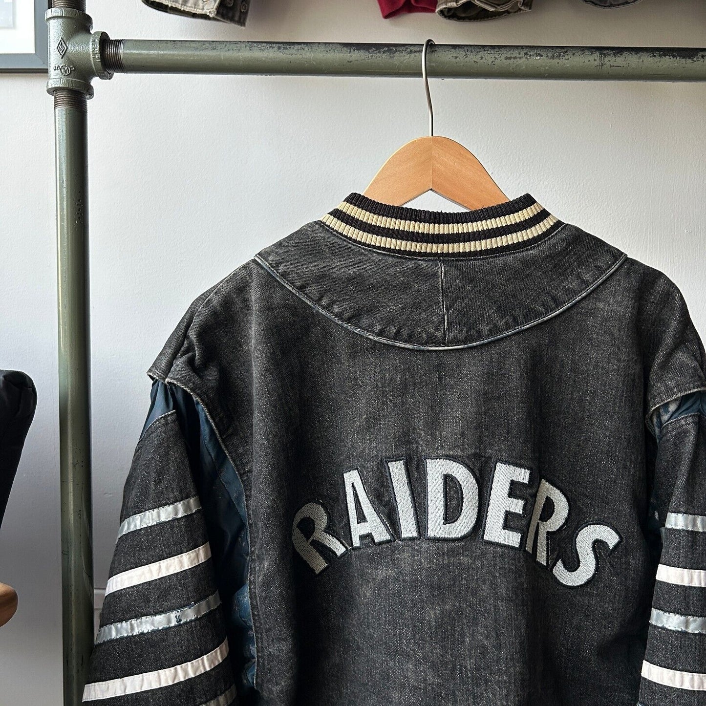 VINTAGE 90s | Oakland RAIDERS NFL Street Legends Black Denim Bomber Jacket sz XL