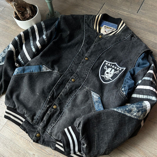 VINTAGE 90s | Oakland RAIDERS NFL Street Legends Black Denim Bomber Jacket sz XL