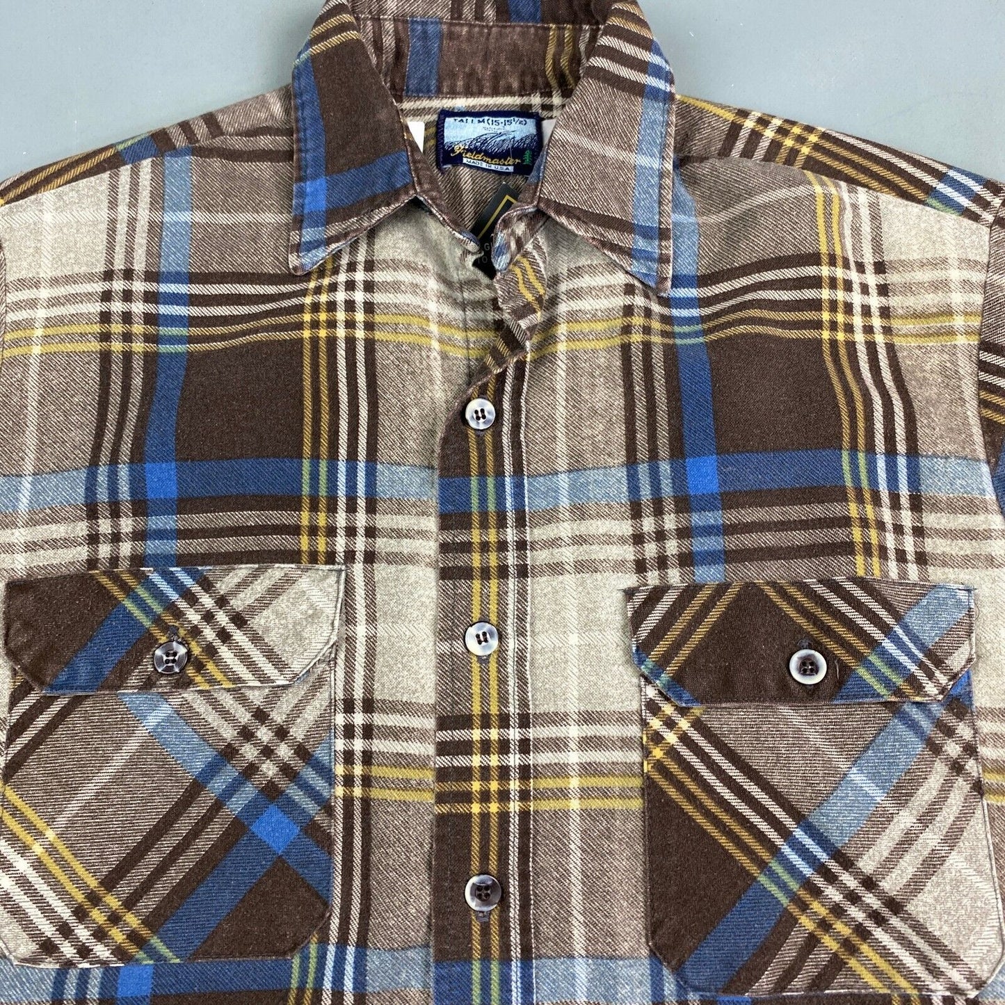 VINTAGE 90s Fieldmaster Brown Plaid Flannel Button Up Shirt sz Medium Adult