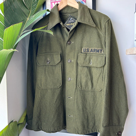 VINTAGE 60s 70s | U.S Army Military Fatigue Wool Button Down Shirt sz M Adult