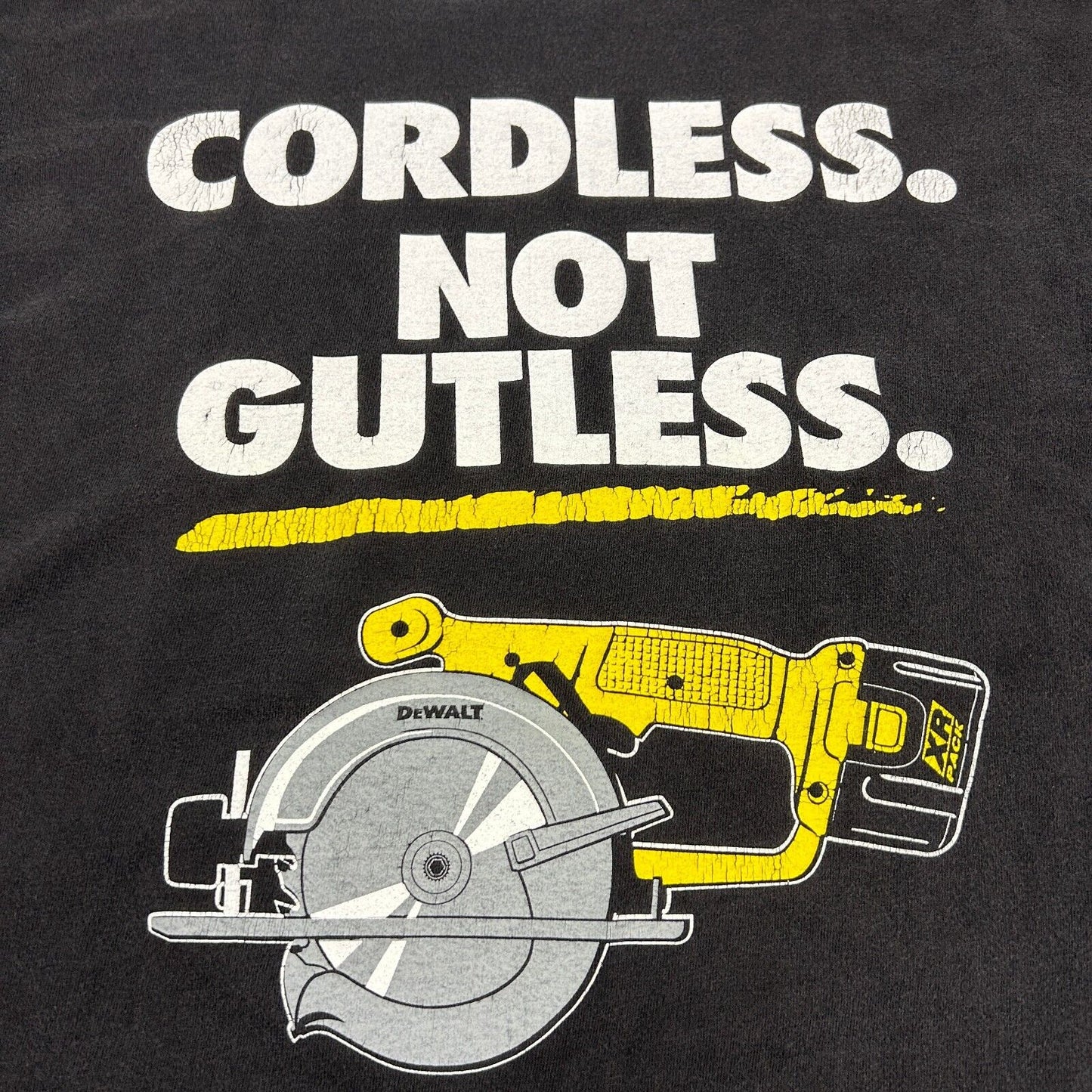 VINTAGE 90s DeWALT Challenge Cordless Not Gutless Black T-Shirt sz Large Adult