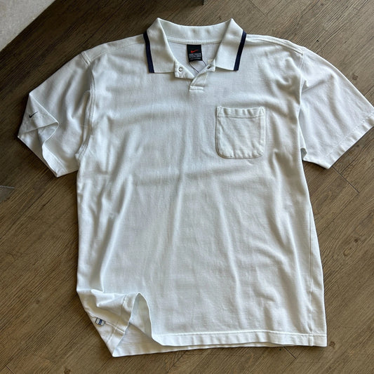 1990s | NIKE Mini Swoosh White Button Snap Polo Shirt sz M/L