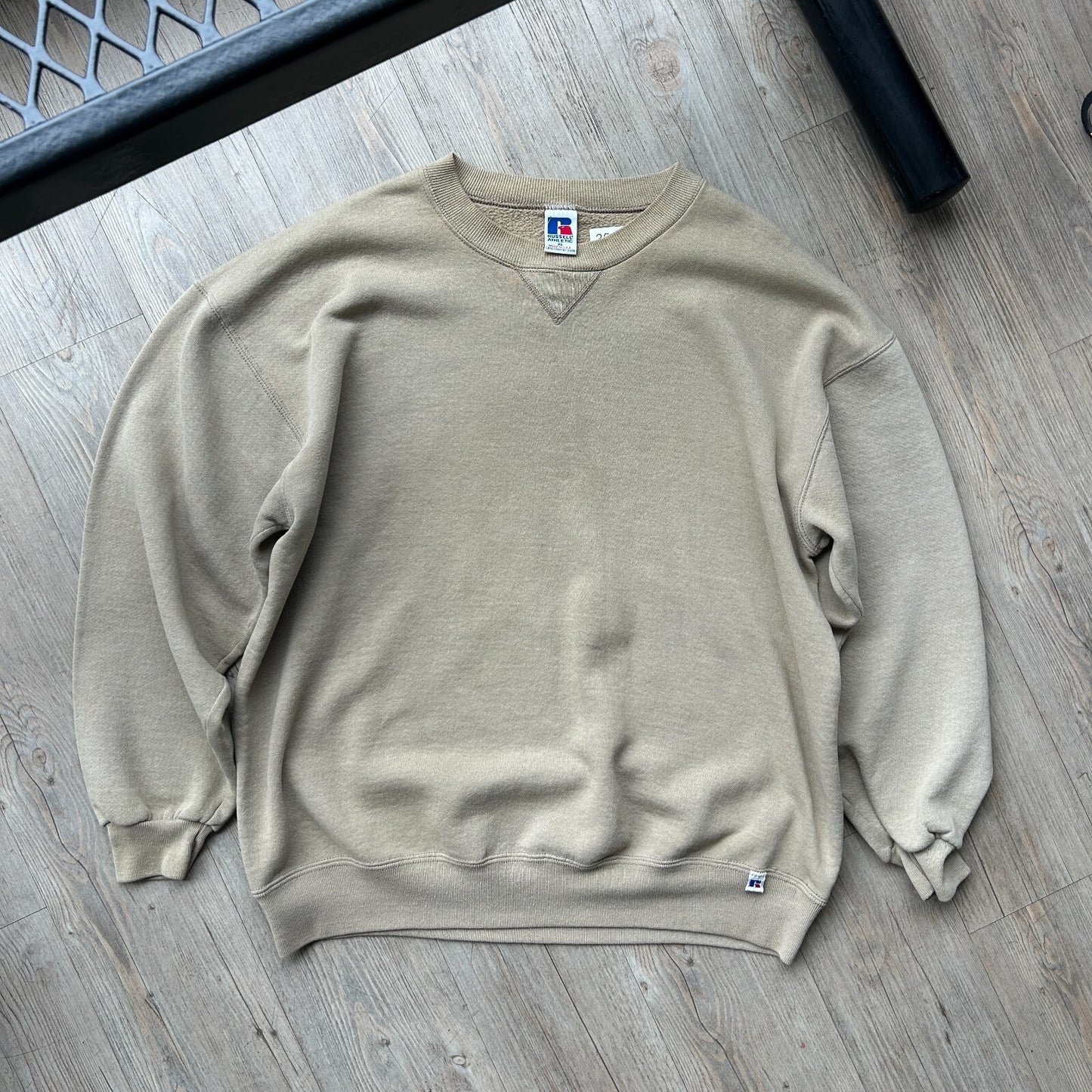 VINTAGE 90s | Russell Athletic Faded Tan Crew Sweater Made in USA sz XL