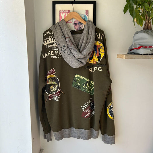 Polo Ralph Lauren All Over Print Sportsman Patchwork Hoodie sz XL Olive Green