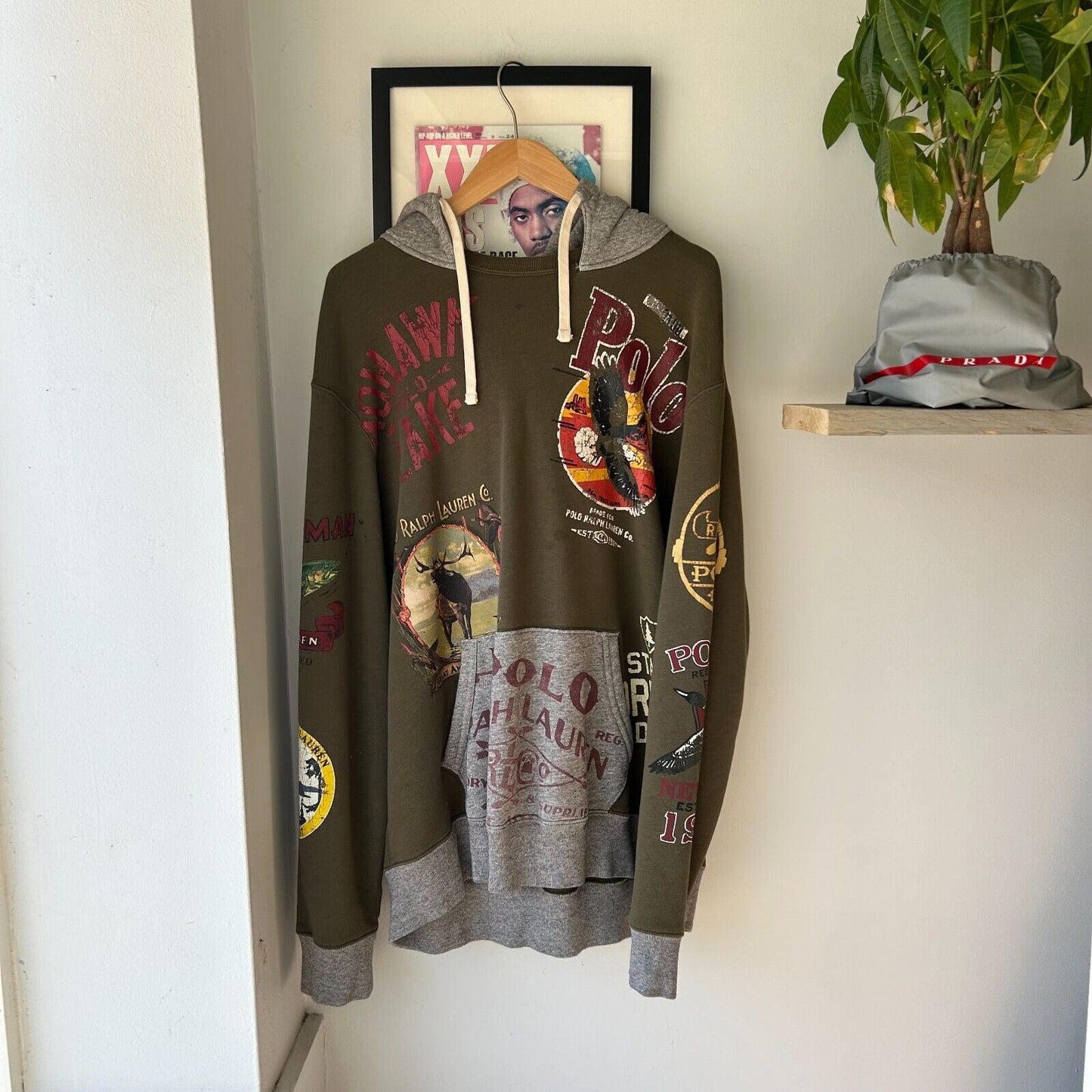 Polo Ralph Lauren All Over Print Sportsman Patchwork Hoodie sz XL Olive Green