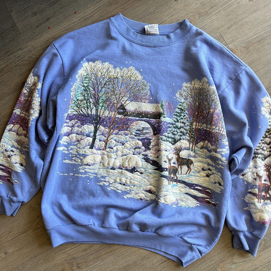 VINTAGE 90s | Winter Nature All Over Print Crew Sweater sz L