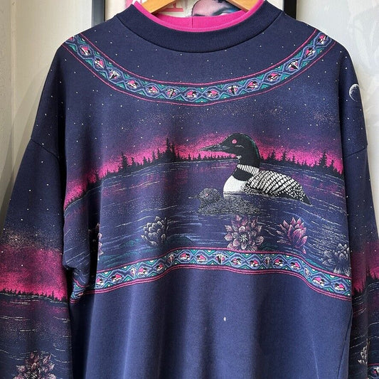 VINTAGE 90s | Loons Midnight All Over Nature Print Artisans Sweater sz L