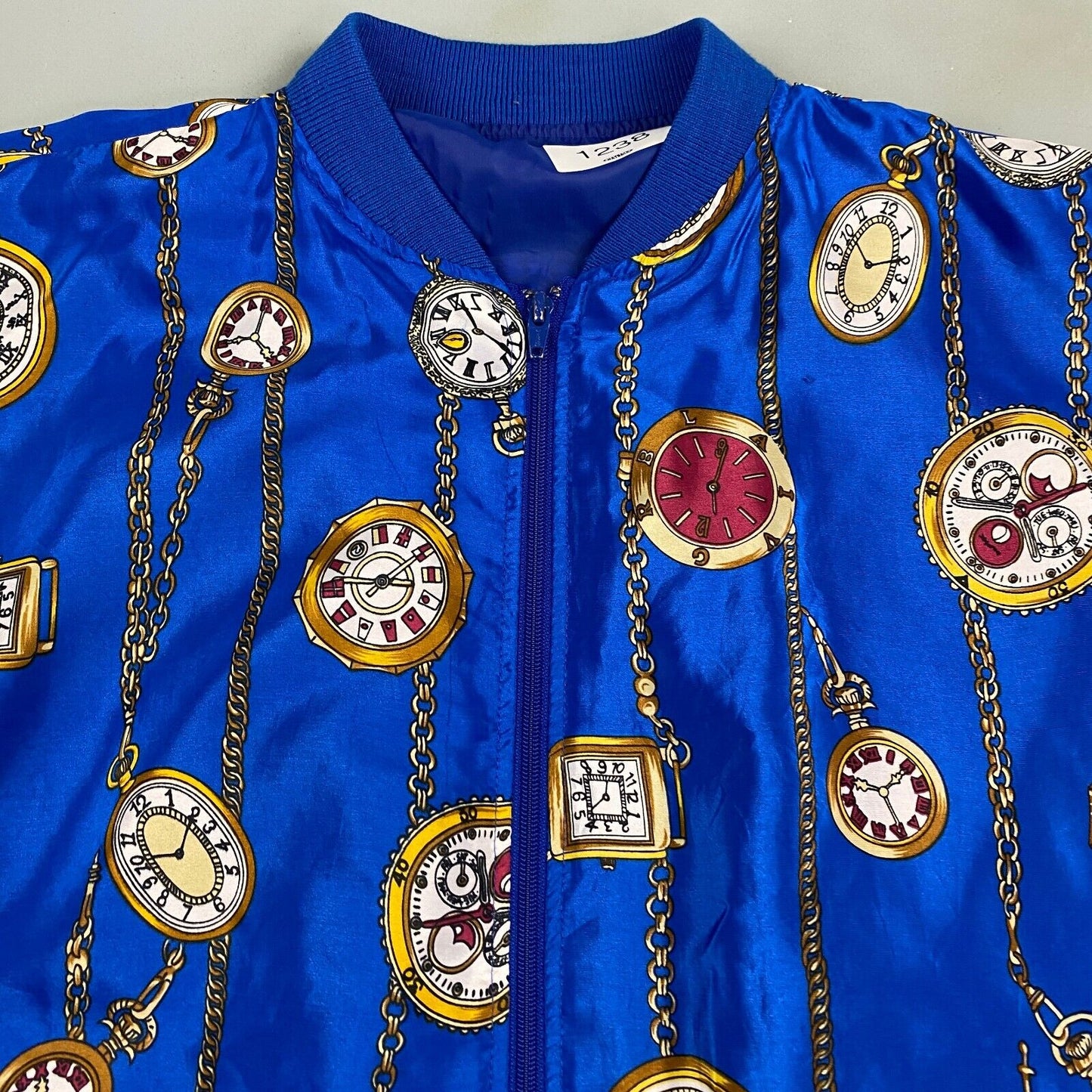 VINTAGE 80s Designer Pocket Watch All Over Print Satin Jacket sz Large Adult