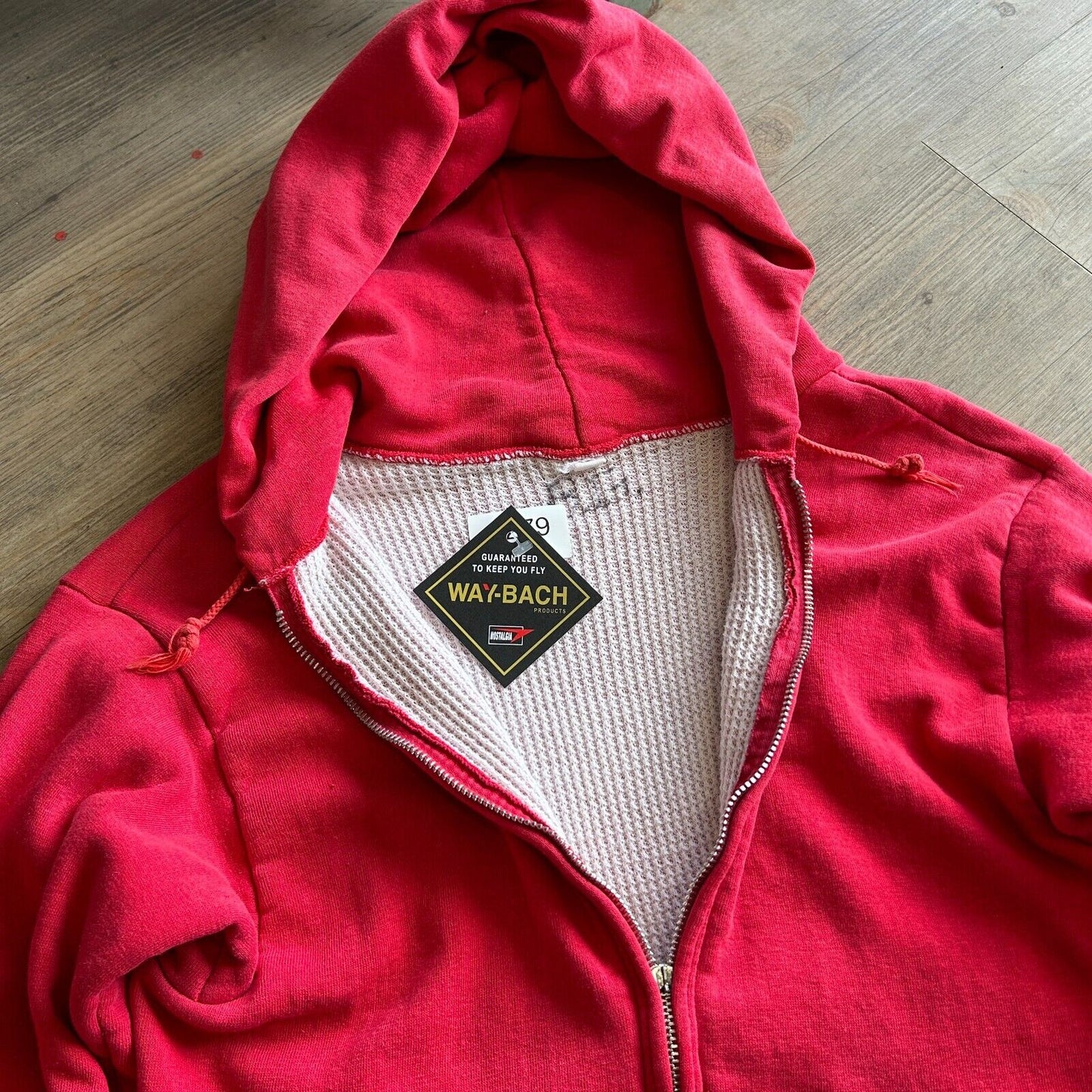 VINTAGE 60s 70s | Blank Red Thermal Lined Zip Up Hoodie Sweater sz S Adult