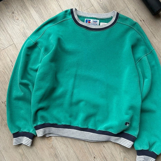 VINTAGE 90s | Russell Athletic Blank Teal Ringer Crewneck Sweater sz XL