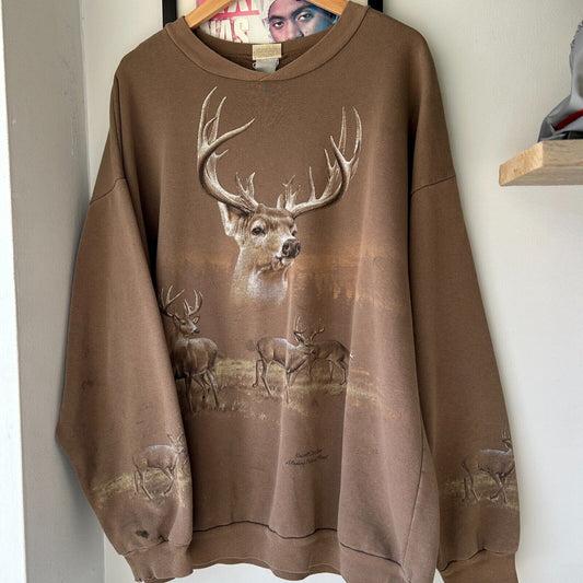 VINTAGE 90s | Deer All Over Nature Print Faded Brown Sweater sz XXL