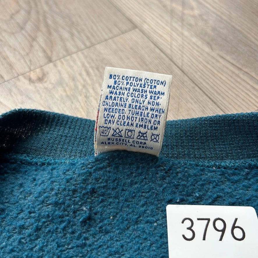VINTAGE 90s | Russell Athletic Faded Blank Teal Blue Crewneck Sweater sz L