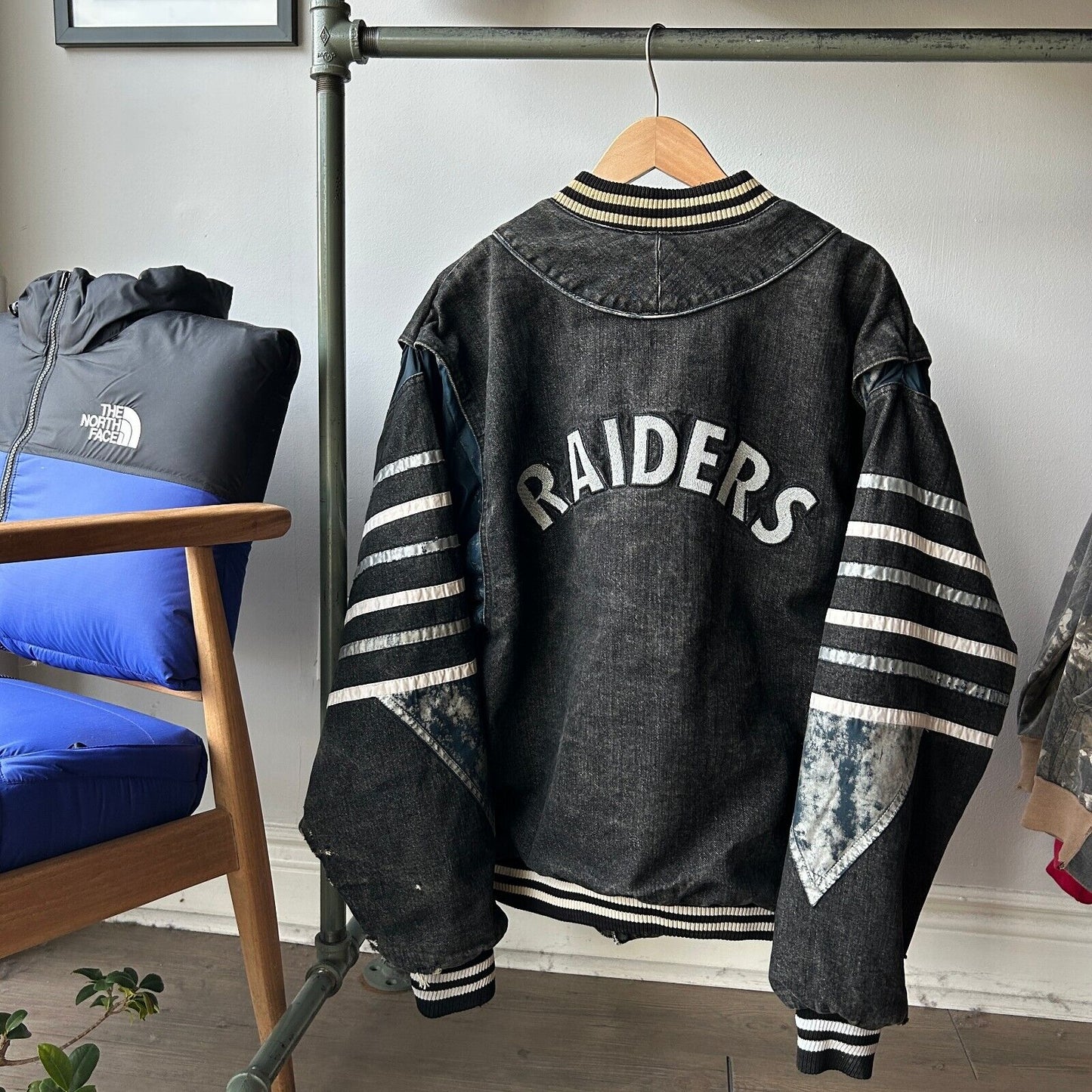 VINTAGE 90s | Oakland RAIDERS NFL Street Legends Black Denim Bomber Jacket sz XL