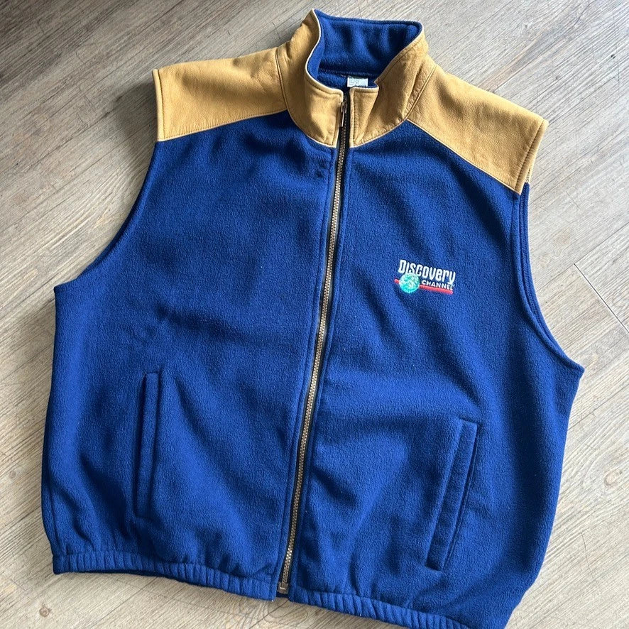 VINTAGE | Discovery Channel Leather Western Yoke Fleece Vest Jacket sz L/XL